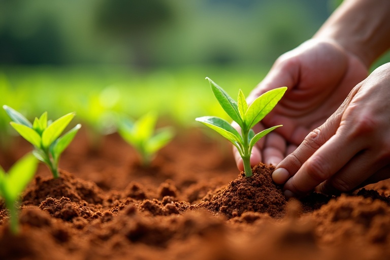 赤い土に、茶葉を植える